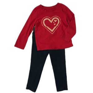 Girls 2-Piece Outfit Red Gold Heart Top + Black Leggings 3T
